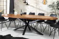 Massiver Esstisch GALAXIE 240cm natur Sheeshamholz oval Sterngestell schwarz