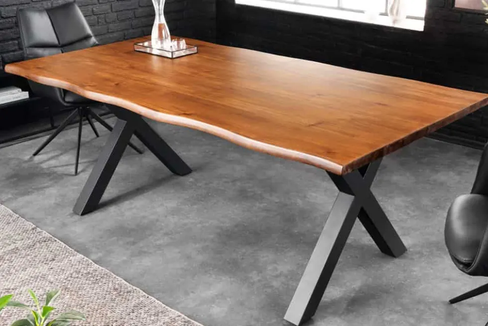 Massiver Esstisch GENESIS 200cm braun Akazienholz schwarz X-Gestell Baumkante