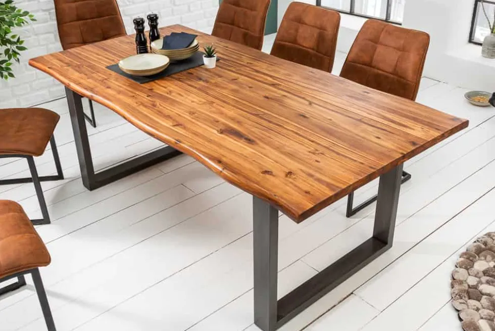 Massiver Esstisch GENESIS 160cm braun Akazienholz Baumkante Eisengestell Industrial