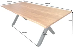 Massiver Esstisch GENESIS 160cm braun Akazienholz schwarz X-Gestell Baumkante