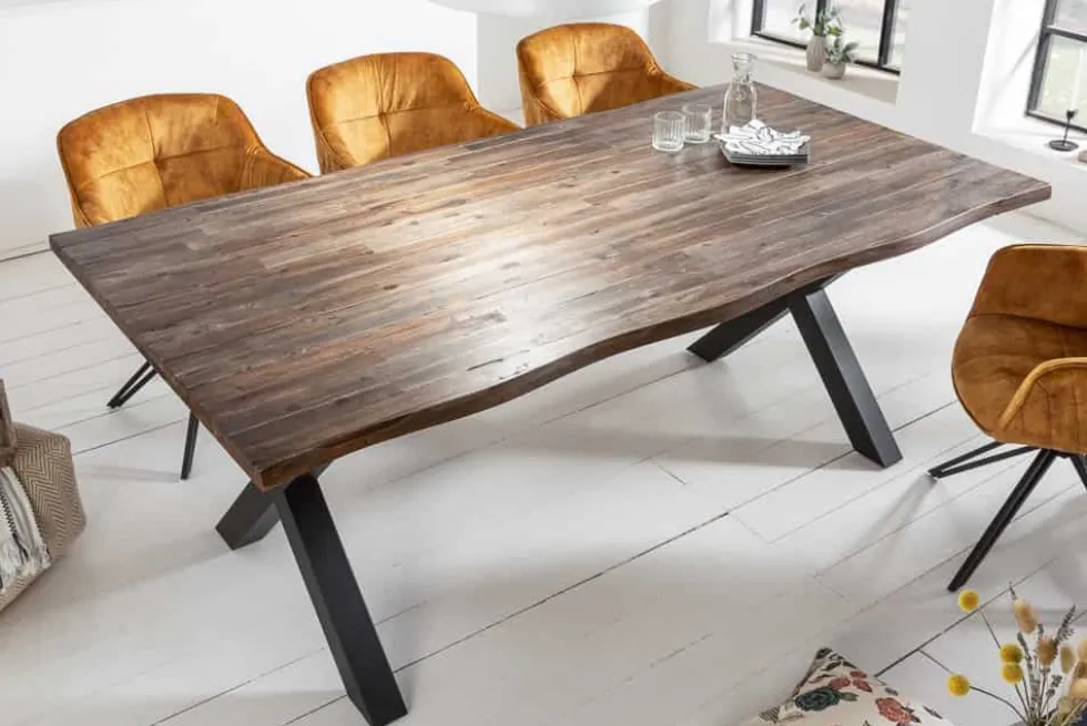 Massiver Esstisch GENESIS VINTAGE 200cm braun Akazienholz schwarzes X-Gestell Baumkante