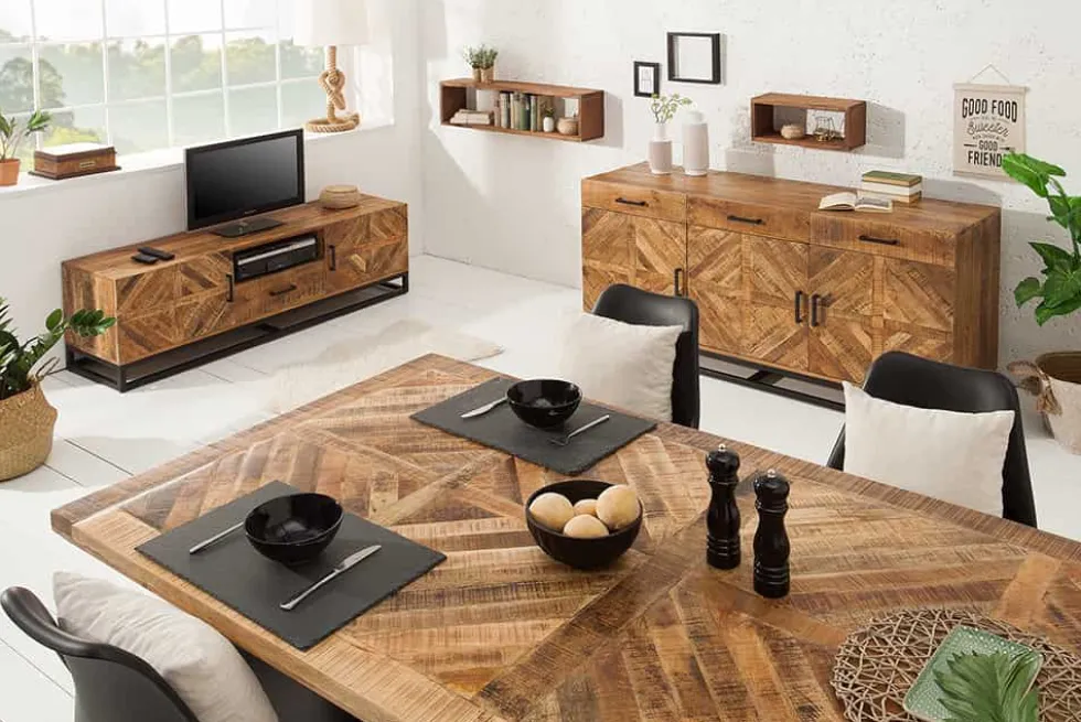 Massiver Esstisch INFINITY HOME 200cm natur schwarz Mangoholz Industrial Design X-Gestell