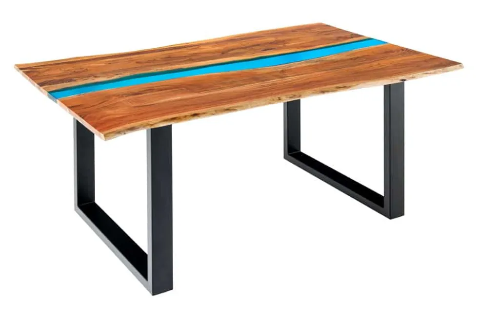 Massiver Esstisch LIQUID 160cm braun Akazienholz Baumkante schwarz Eisen blau