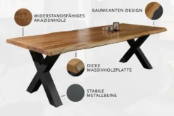 Massiver Esstisch MAMMUT 300cm natur Akazie schwarz Metall Baumkante 5cm Tischplatte