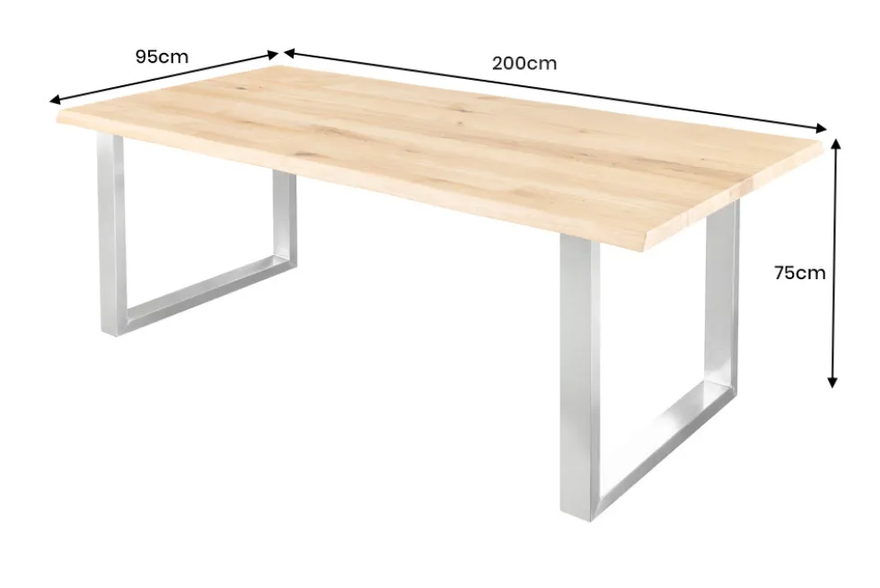 Massiver Esstisch WILD OAK 200cm natur silber Wildeiche Baumkante Edelstahl U-Gestell