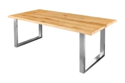 Massiver Esstisch WILD OAK 200cm natur silber Wildeiche Baumkante Edelstahl U-Gestell