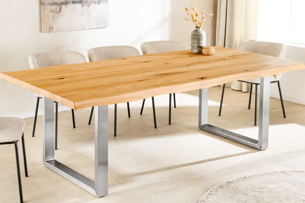 Massiver Esstisch WILD OAK 200cm natur silber Wildeiche Baumkante Edelstahl U-Gestell
