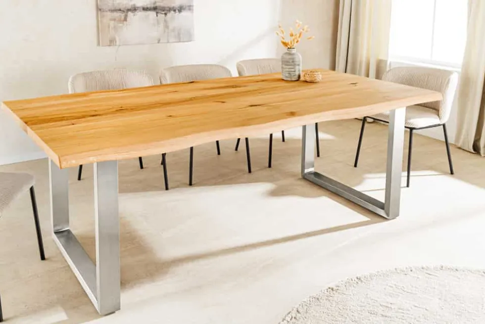 Massiver Esstisch WILD OAK 160cm natur silber Wildeiche Baumkante Edelstahl U-Gestell