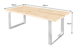 Massiver Esstisch WILD OAK 160cm natur silber Wildeiche Baumkante Edelstahl U-Gestell