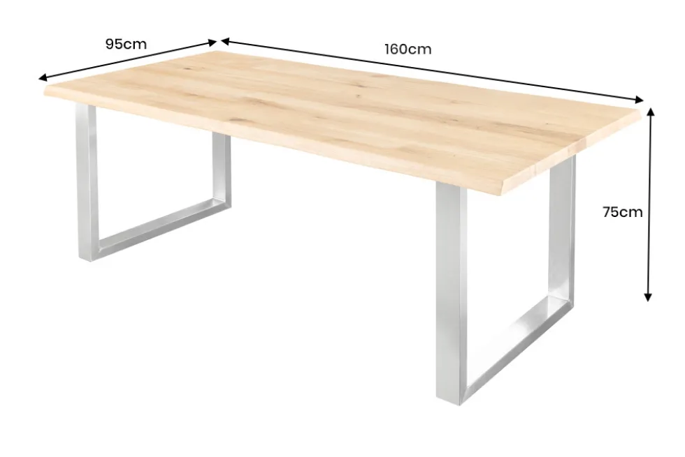 Massiver Esstisch WILD OAK 160cm natur silber Wildeiche Baumkante Edelstahl U-Gestell