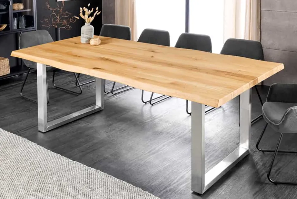 Massiver Esstisch WILD OAK 160cm natur silber Wildeiche Baumkante Edelstahl U-Gestell