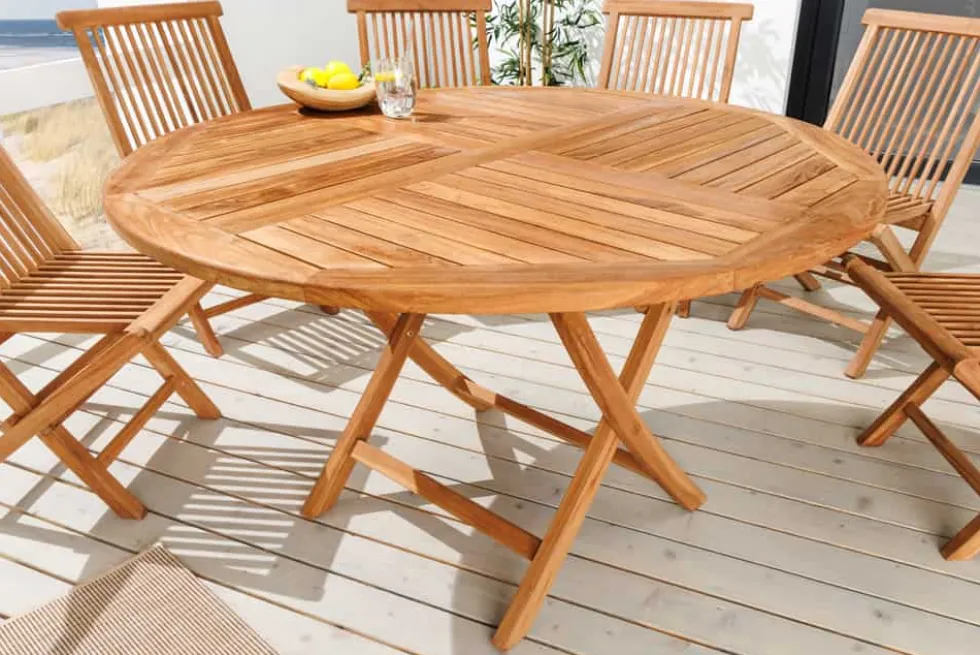 Massiver Gartentisch EMPIRE TEAK 120cm natur Teakholz rund klappbar Outdoor Balkontisch