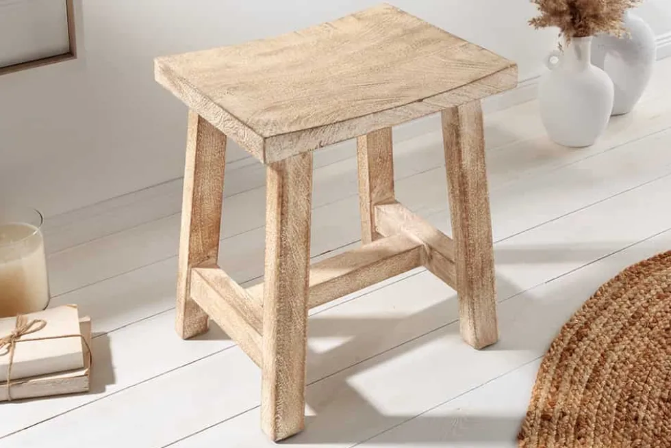 Massiver Hocker FINCA 45cm beige Mangoholz Handarbeit Boho Shabby Chic