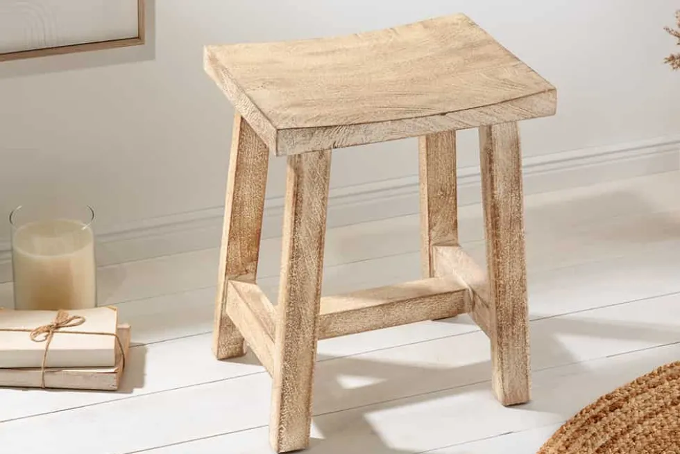 Massiver Hocker FINCA 45cm beige Mangoholz Handarbeit Boho Shabby Chic