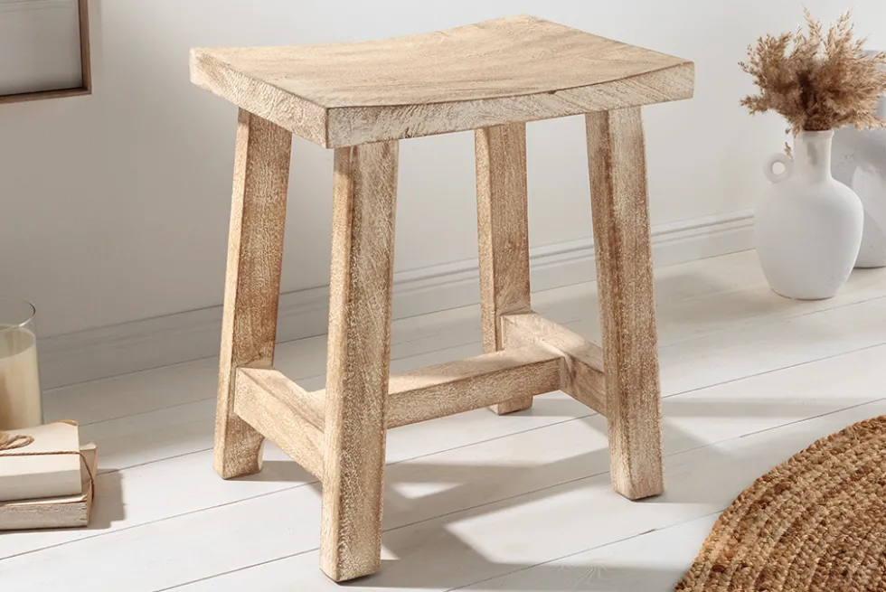 Massiver Hocker FINCA 45cm beige Mangoholz Handarbeit Boho Shabby Chic