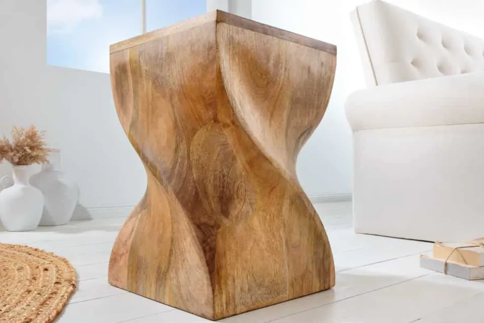 Massiver Hocker TWIST 45cm natur Mangoholz handmade Beistelltisch