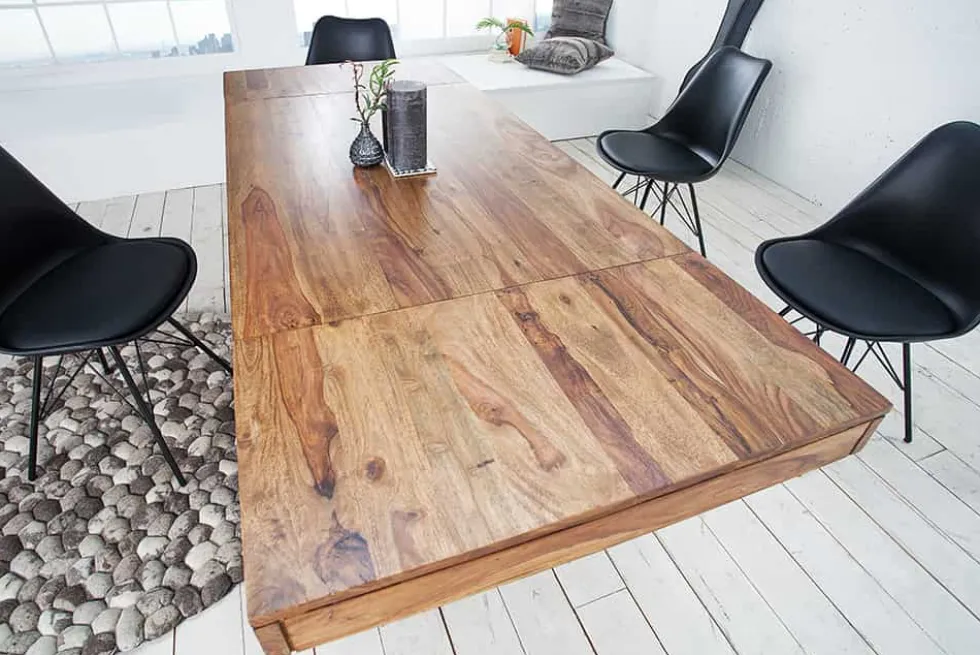 Massiver Holz Esstisch PURE 120-200cm braun Sheesham stone finish mit Ansteckplatten