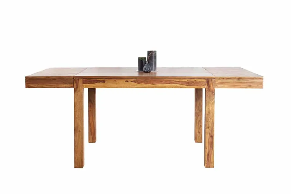 Massiver Holz Esstisch PURE 120-200cm braun Sheesham stone finish mit Ansteckplatten