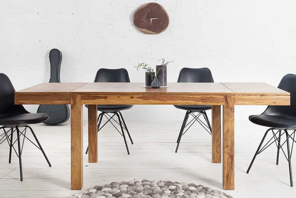 Massiver Holz Esstisch PURE 120-200cm braun Sheesham stone finish mit Ansteckplatten