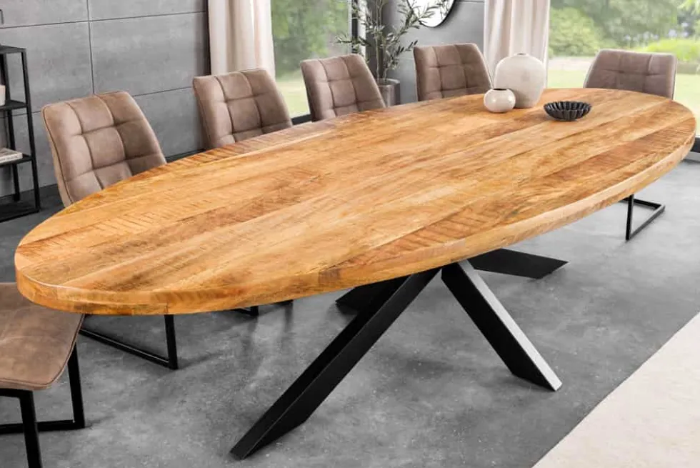 Massiver Industrial Esstisch GALAXIE 240cm natur Mangoholz oval Sterngestell