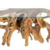 Massiver Konsolentisch ROOT 150cm natur Teak Massivholz aus Wurzelholz Glasplatte