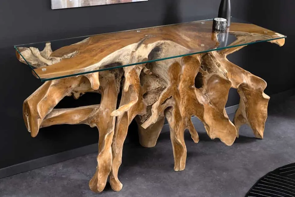 Massiver Konsolentisch ROOT 150cm natur Teak Massivholz aus Wurzelholz Glasplatte