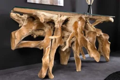 Massiver Konsolentisch ROOT 150cm natur Teak Massivholz aus Wurzelholz Glasplatte