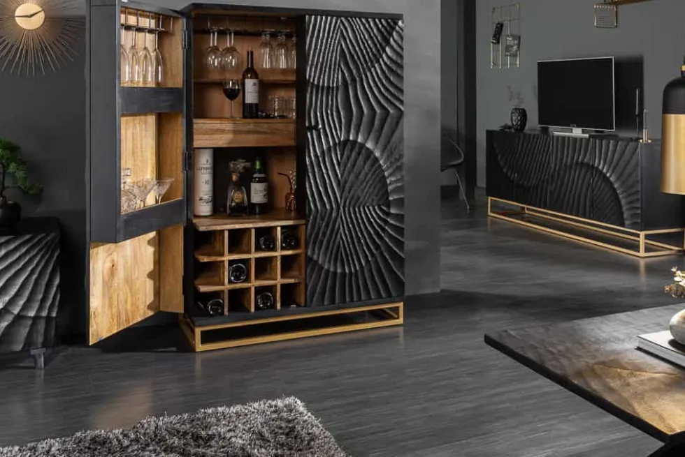 Massiver Nachttisch SCORPION 50cm schwarz Mangoholz Beistelltisch mit 3D Schnitzereien
