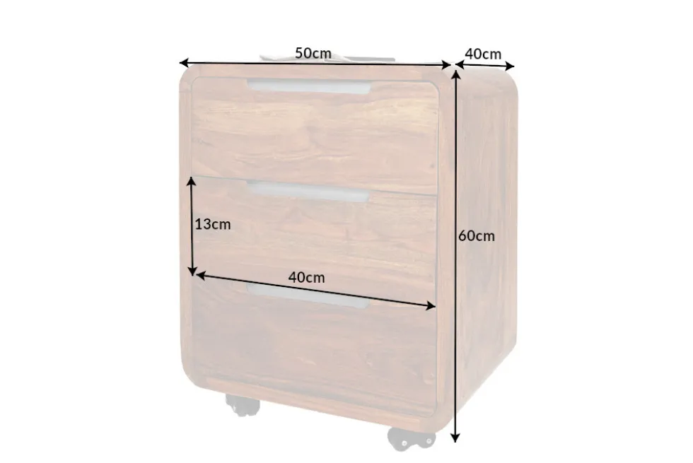 Massiver Rollcontainer CUBUS 60cm braun Sheeshamholz stone finish drei Schubladen