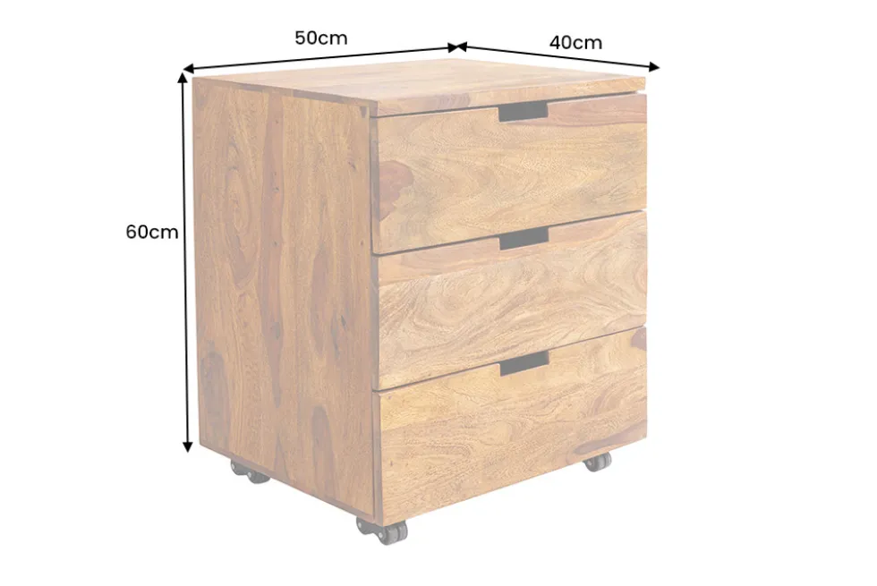 Massiver Rollcontainer MAKASSAR 60cm braun stone finish Sheesham mit Schubladen