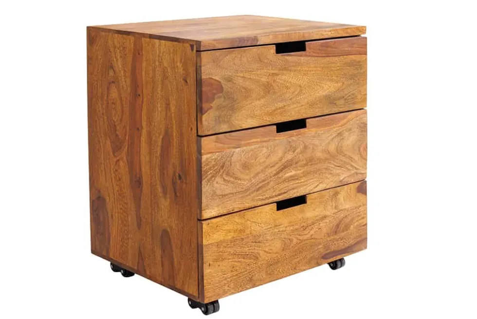 Massiver Rollcontainer MAKASSAR 60cm braun stone finish Sheesham mit Schubladen