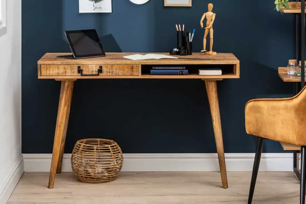 Massiver Schreibtisch RETRO 120cm Mangoholz Bürotisch mit Schublade