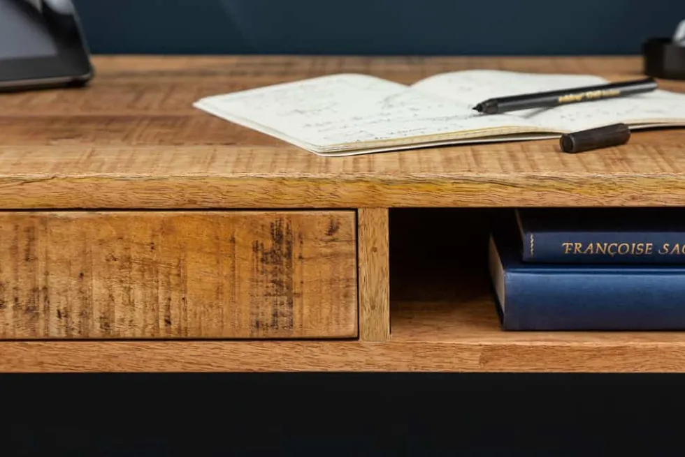 Massiver Schreibtisch RETRO 120cm Mangoholz Bürotisch mit Schublade