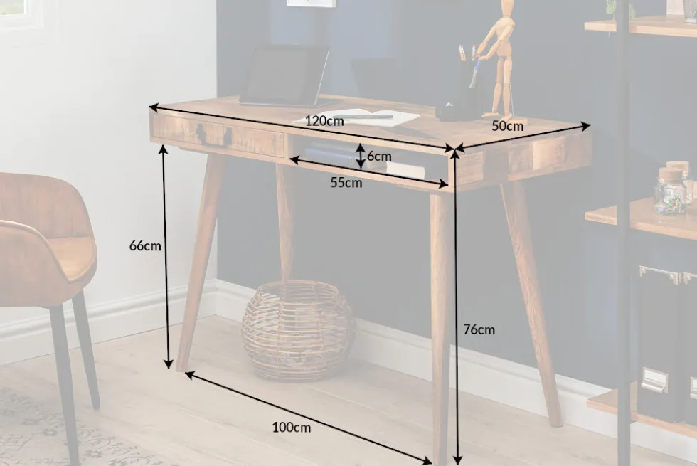 Massiver Schreibtisch RETRO 120cm Mangoholz Bürotisch mit Schublade