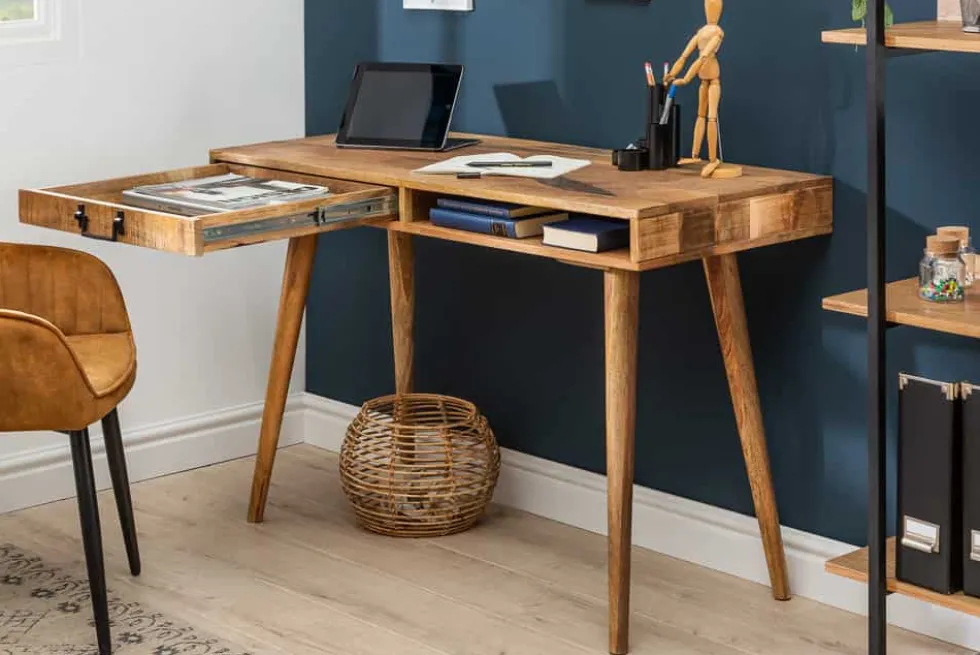Massiver Schreibtisch RETRO 120cm Mangoholz Bürotisch mit Schublade