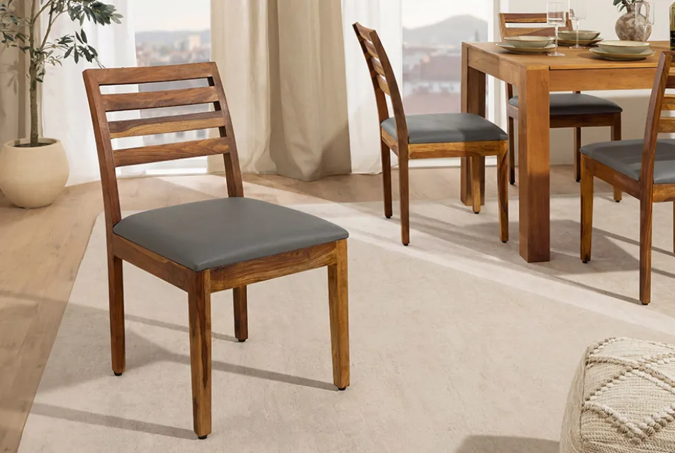 Massiver Stuhl MAKASSAR braun stone finish Sheesham dunkelgrau Kunstleder