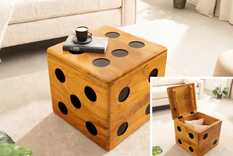 Massiver Würfel-Hocker CUBE 40cm natur Mangoholz Beistelltisch stapelbar mit Fach