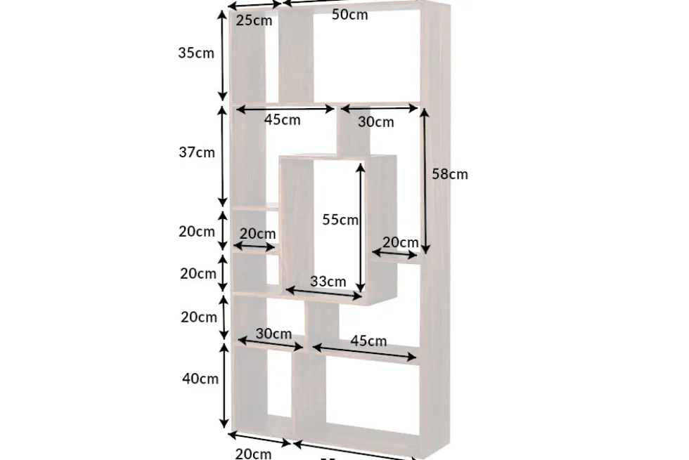 Massives Bücherregal CUBUS 180cm braun Sheesham stone finish einzigartige Maserung