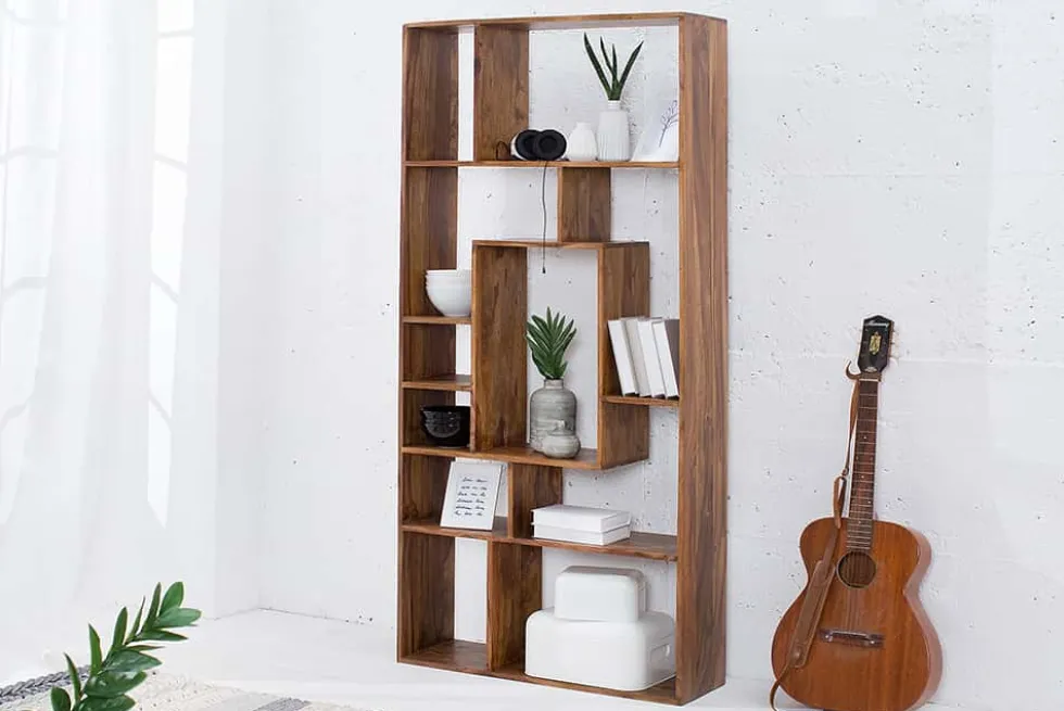 Massives Bücherregal CUBUS 180cm braun Sheesham stone finish einzigartige Maserung