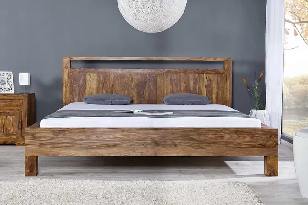 Massives Bett MAKASSAR 180x200cm braun Sheeshamholz stone finish