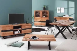 Massives Highboard AMAZONAS 140cm Akazie Metall Vitrine Baumkante