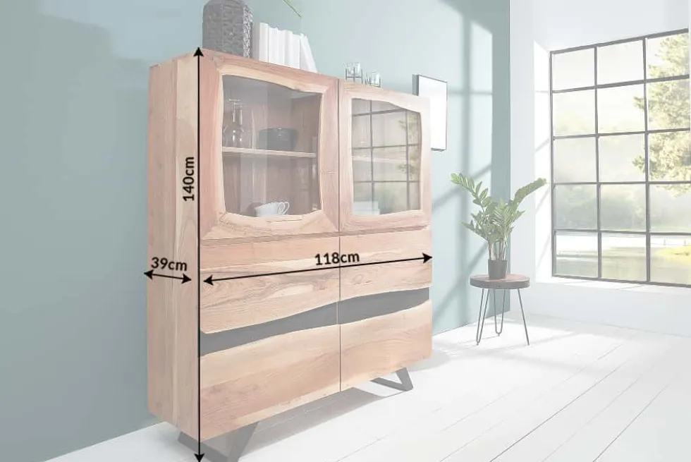 Massives Highboard AMAZONAS 140cm Akazie Metall Vitrine Baumkante