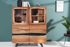 Massives Highboard AMAZONAS 140cm Akazie Metall Vitrine Baumkante