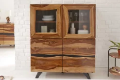 Massives Highboard AMAZONAS 140cm braun Sheeshamholz Vitrine mit Baumkante
