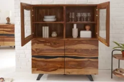 Massives Highboard AMAZONAS 140cm braun Sheeshamholz Vitrine mit Baumkante