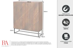 Massives Highboard ART 120cm braun Mangoholz 3D-Design schwarz Metall