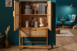 Massives Highboard BAMBOO LOUNGE 140cm Mangoholz Bambus mit Wiener Geflecht