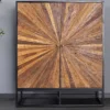 Massives Highboard BARRACUDA 120cm braun Mangoholz mit Teakholz-Front schwarz Metall