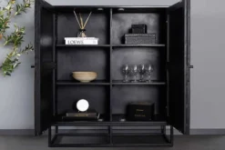 Massives Highboard BARRACUDA 120cm braun Mangoholz mit Teakholz-Front schwarz Metall