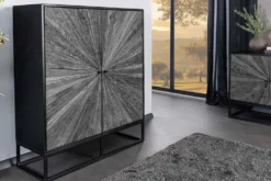 Massives Highboard BARRACUDA 120cm grau Mangoholz mit Teakholz-Front schwarz Metall